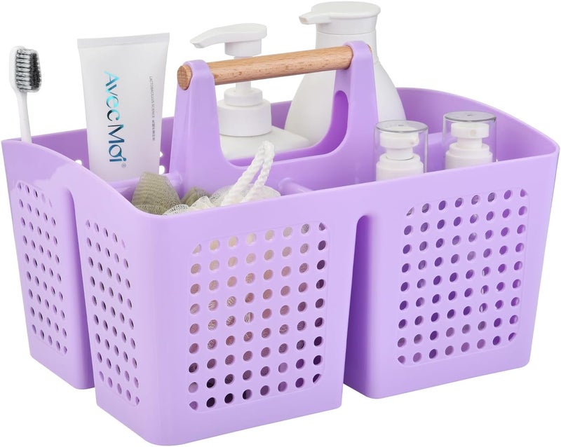 PAKCHOICE Portable Shower Caddy Basket with Compartments, Plastic Divided Cleaning Caddy Organizer Storage Tote with Handle for Bathroom, College, Dorm Room Essentials, Purple - Image 1
